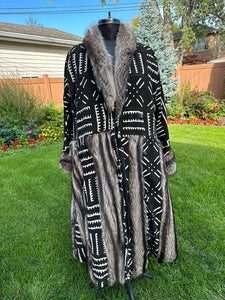 Used Black & White Wool Coat, Raccoon Trim