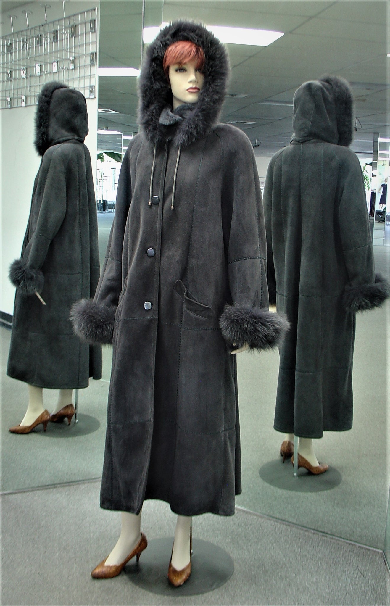 Used Grey Shearling Coat, Fox Trim + Hood