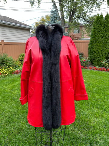 Used Red Leather Jacket, Fox Trim, Det. Fur Lining