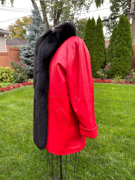 Used Red Leather Jacket, Fox Trim, Det. Fur Lining