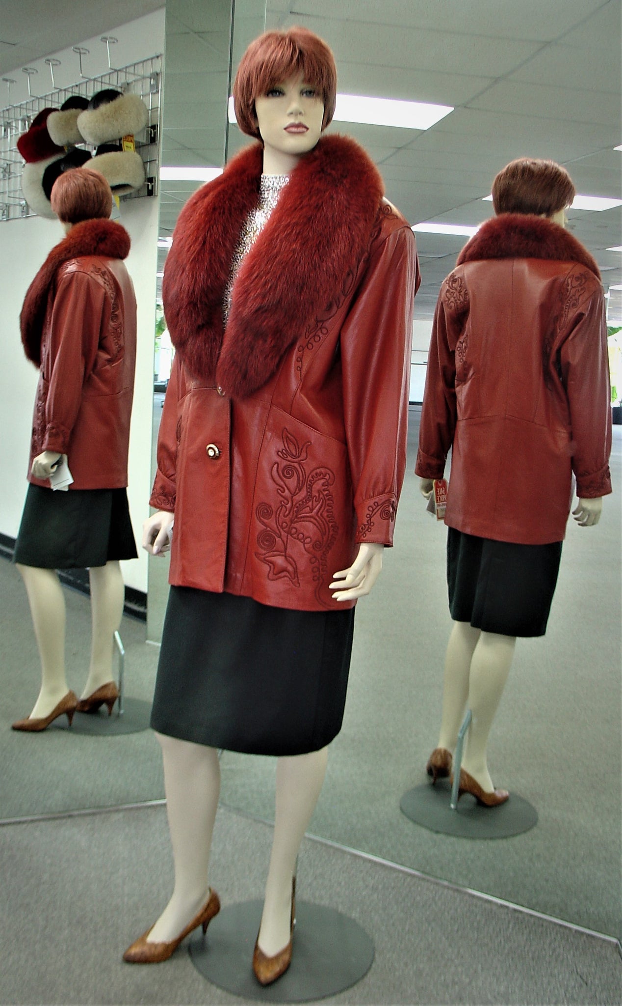 Red Lamb Leather Jacket, Detachable Fox Collar