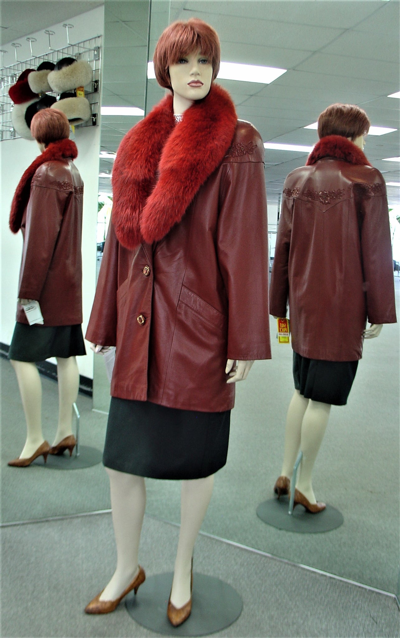 Dark Red Lamb Leather Jacket, Detachable Fox Collar