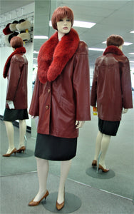Dark Red Lamb Leather Jacket, Detachable Fox Collar