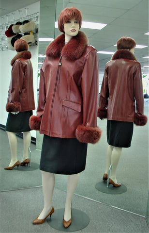 Dark Red Lamb Leather Jacket, Detachable Fox Trim 