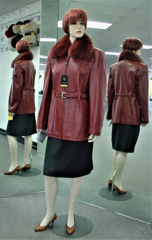 Dark Red Lamb Leather Jacket, Detachable Fox Collar 
