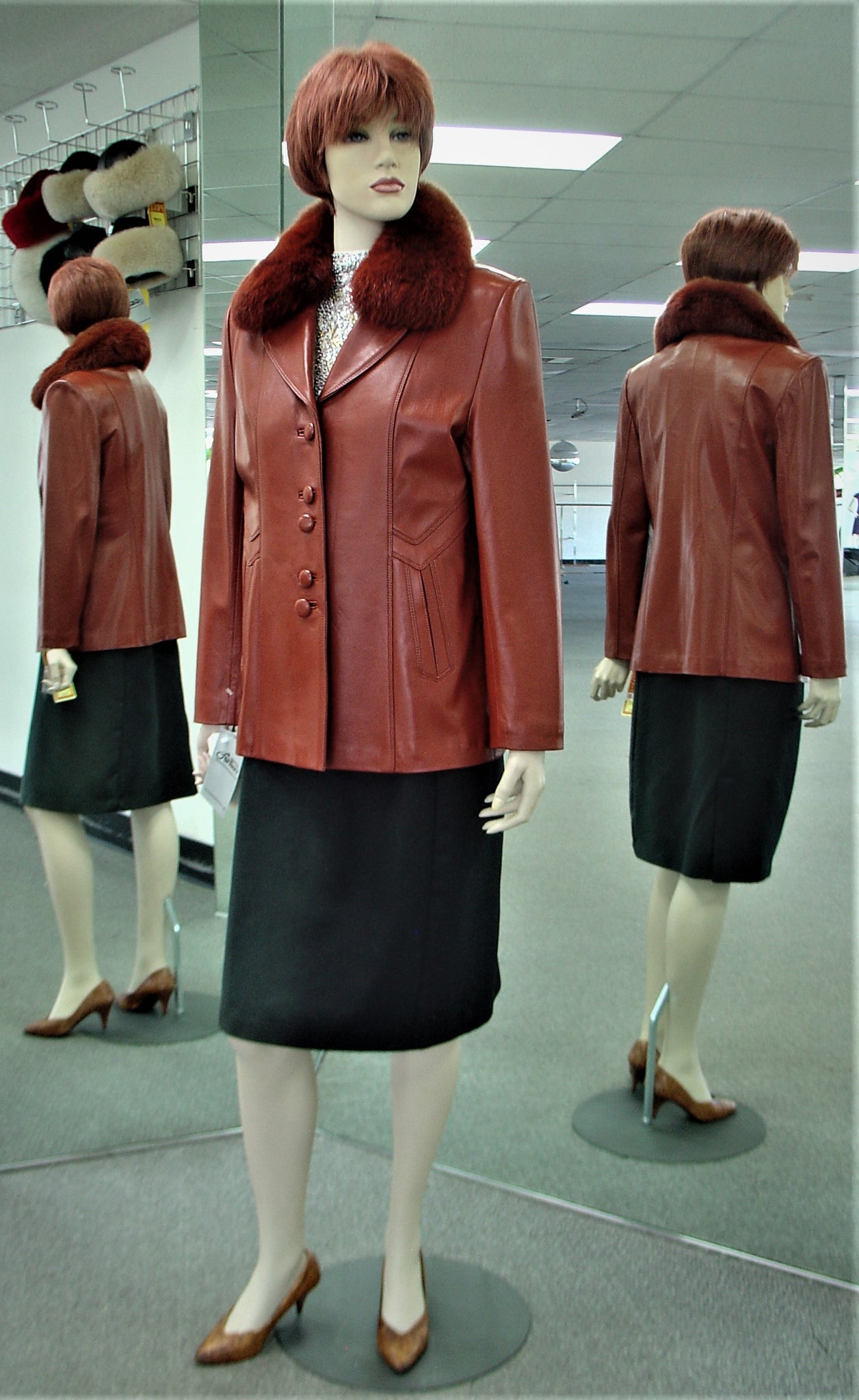 Dark Red Lamb Leather Jacket, Detachable Fox Collar 