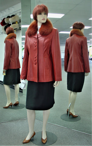Red Lamb Leather Jacket, Detachable Fox Collar