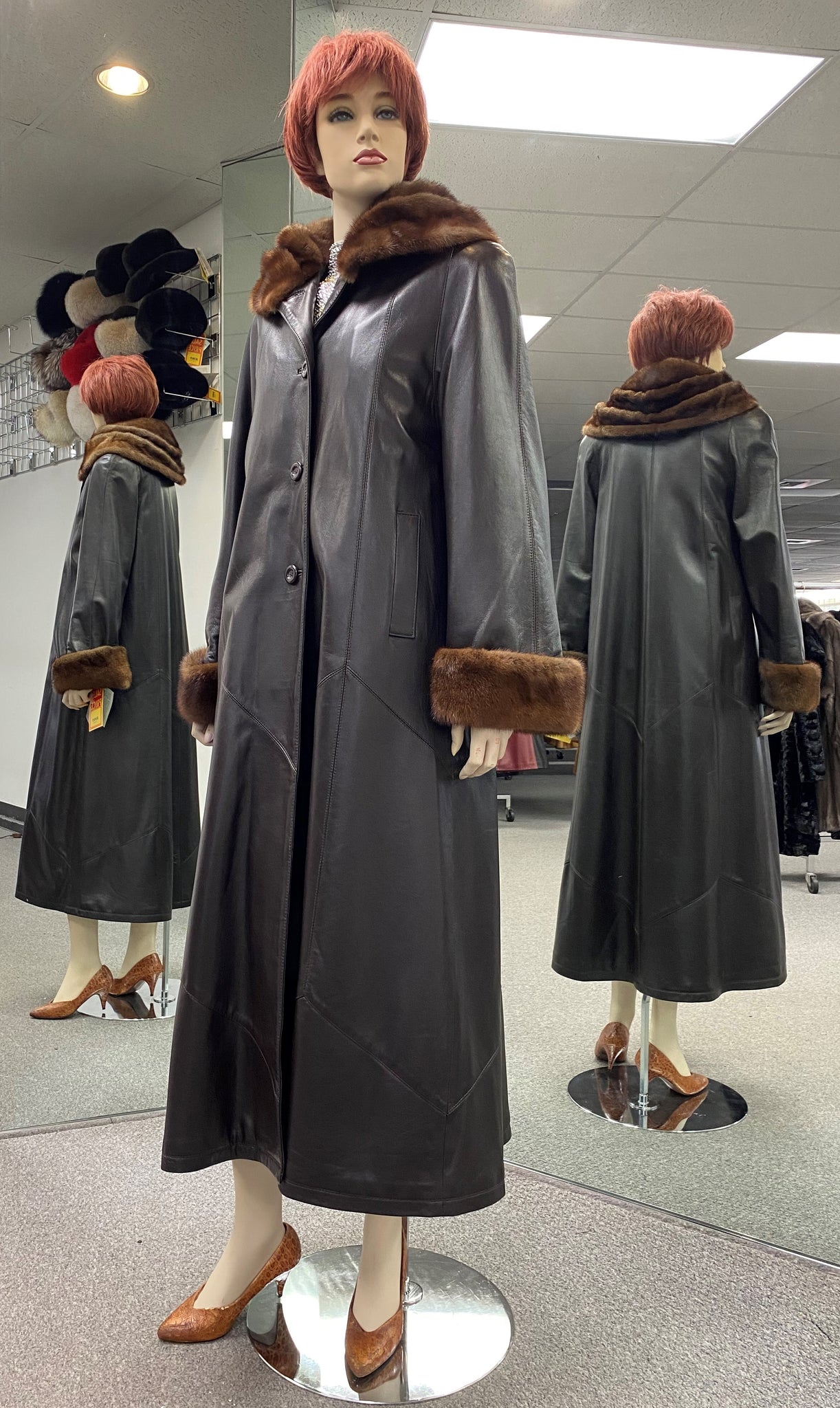 Brown Leather Coat, Mahogany Mink Trim, Detachable Fur Lining 